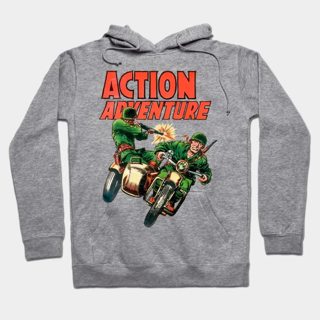 Retro Sidecar Motorcycle Soldiers Military Army Action 1955 Adventure Vintage Comic Book Cover Hoodie by REVISTANGO